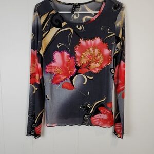 AZI Sheer Micro mesh Cabbage Rose Long sleeve stretchy top Size XL